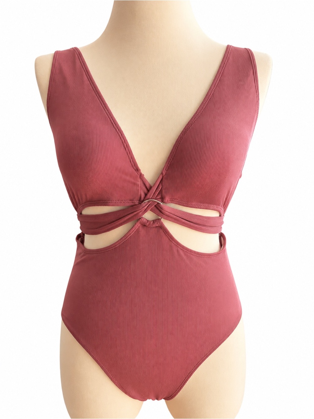 NWOT Ribbed Mauve Pink One Piece Swimsuit 1X Cutout Tie Front Bathing Suit